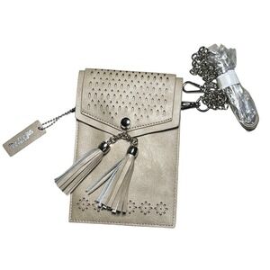 Beige Faux Leather Cell Phone Crossbody Bag Tassel Chain‎ Strap